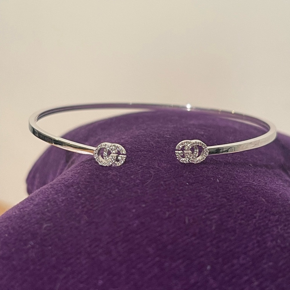 Gucci 18K White Gold GG Running Diamond Cuff Bracelet